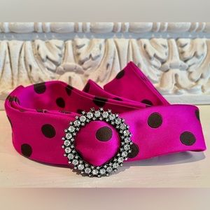 J CREW Magenta and Black Polka Dot Silk Belt with Rhinestone Buckle, Size S/M